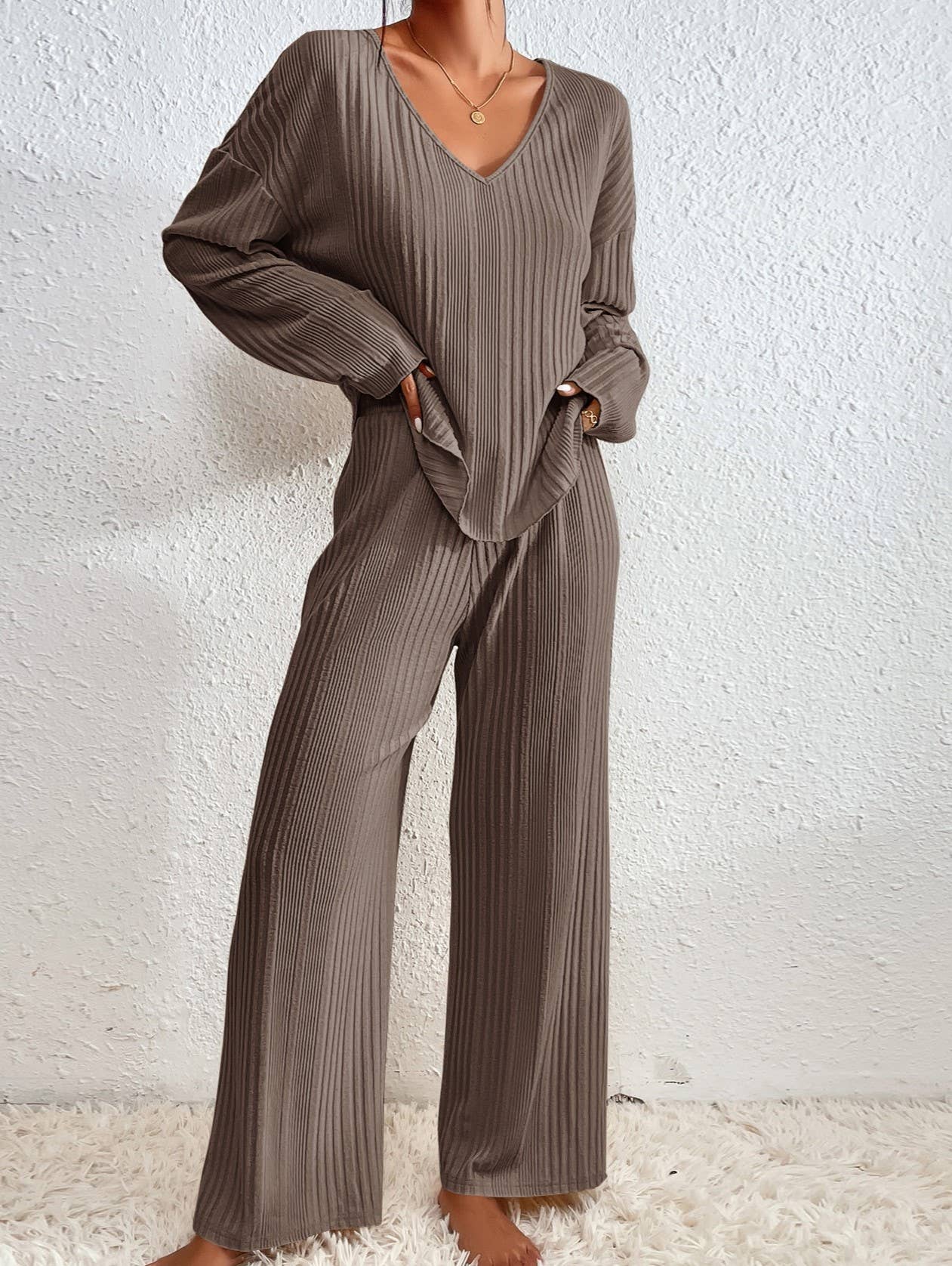 V-Neck Ribbed Top Trousers Loungewear Two-Piece Set: Brown / L