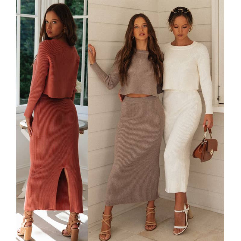 Solid Color Top & Skirt 2PCS Kintted Set Sweater Set