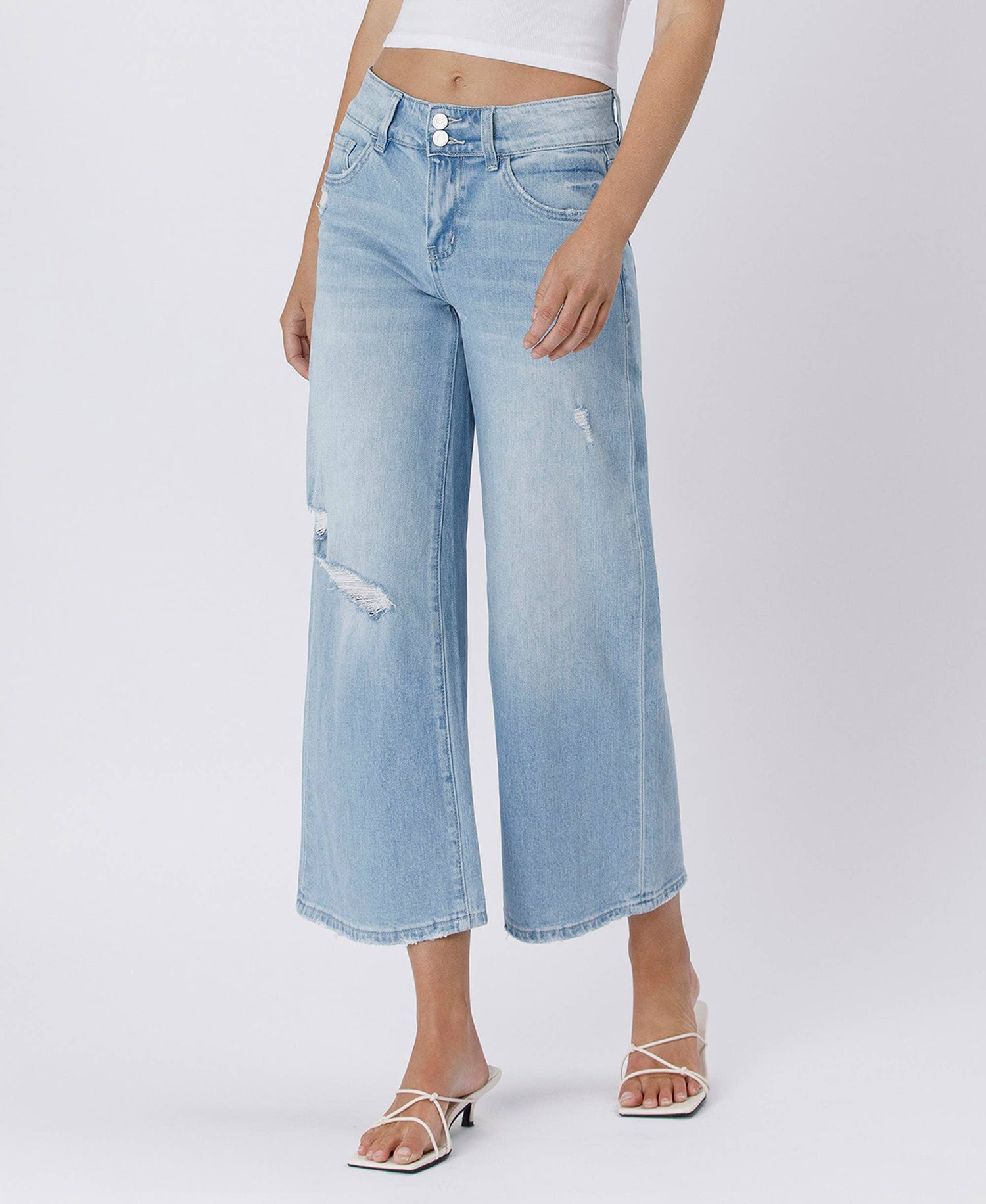 HIGH RISE TWO BUTTONS CROP WIDE LEG JEANSS