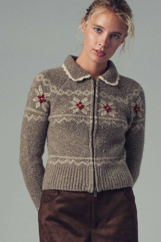 Fair Isle Zip-Up Knit Cardigan