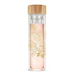 Blair Insulated Glass Travel Mug with floral design, bamboo lid, and tea infuser, featuring double-walled borosilicate glass.