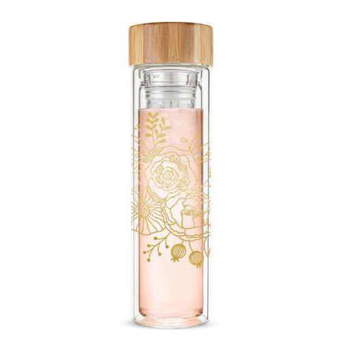 Blair Insulated Glass Travel Mug with floral design, bamboo lid, and tea infuser, featuring double-walled borosilicate glass.