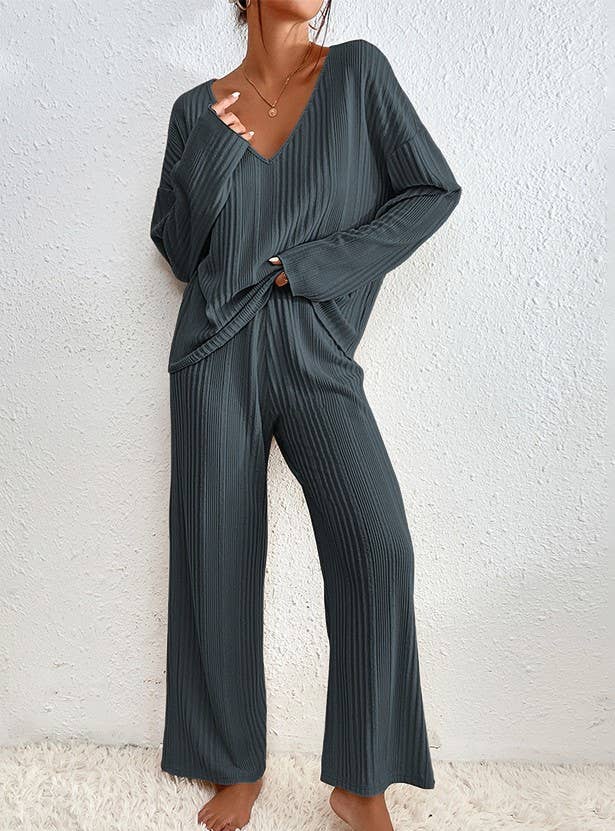 V-Neck Ribbed Top Trousers Loungewear Two-Piece Set: DarkGrey / M