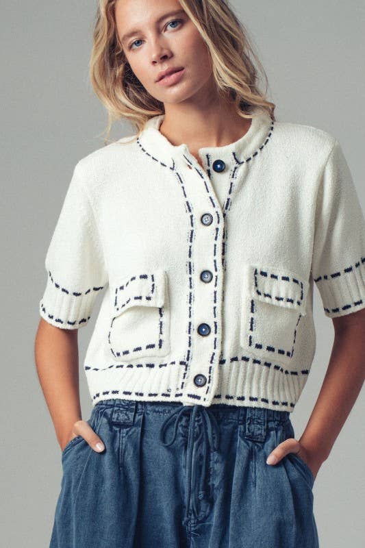 Faux Stitch Look Short Sleeve Cardigan