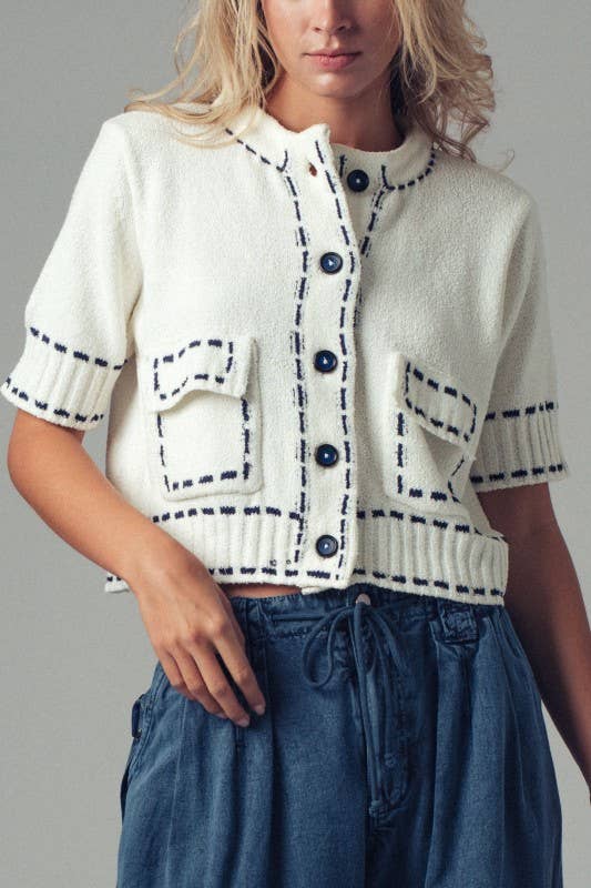 Faux Stitch Look Short Sleeve Cardigan
