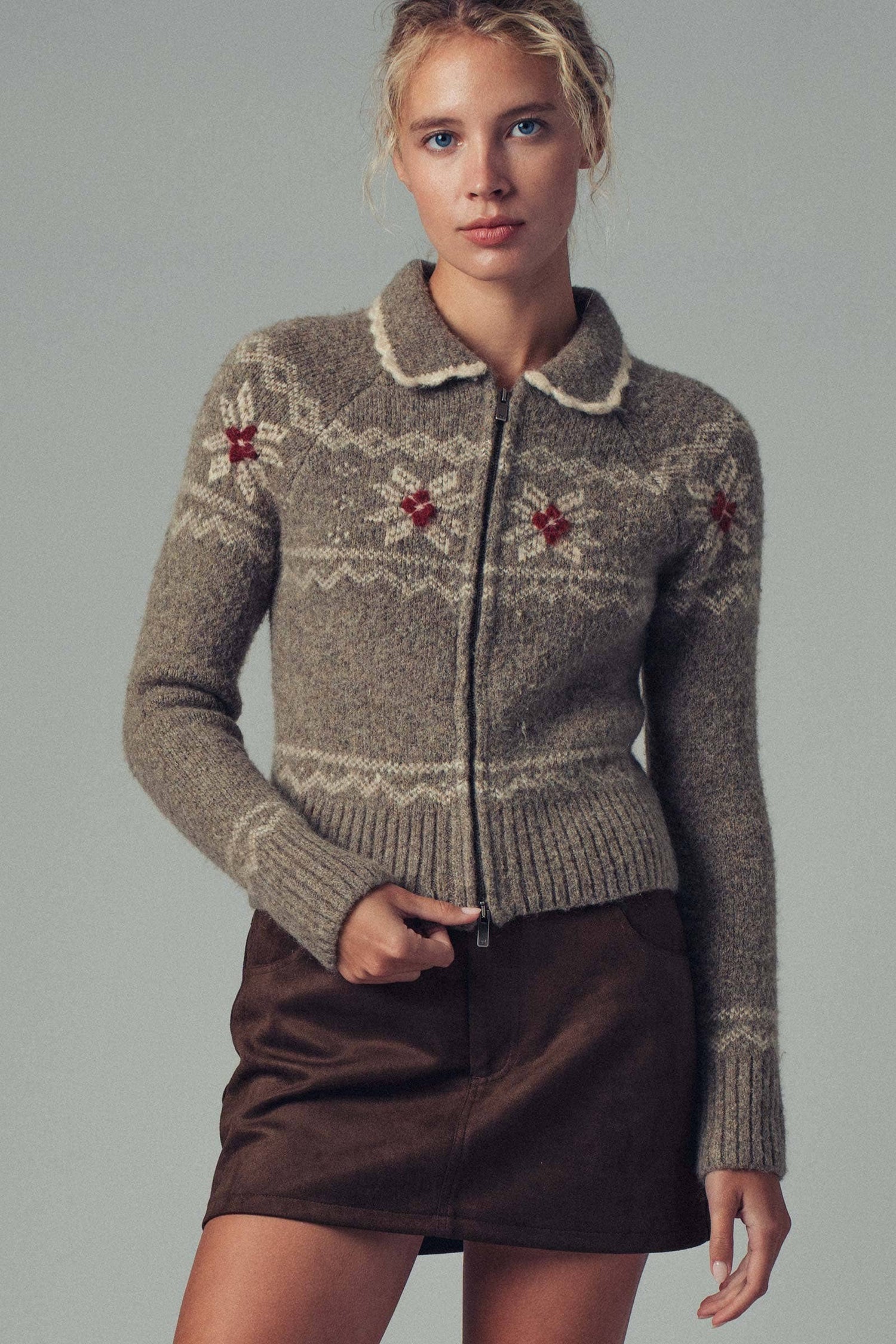 Fair Isle Zip-Up Knit Cardigan