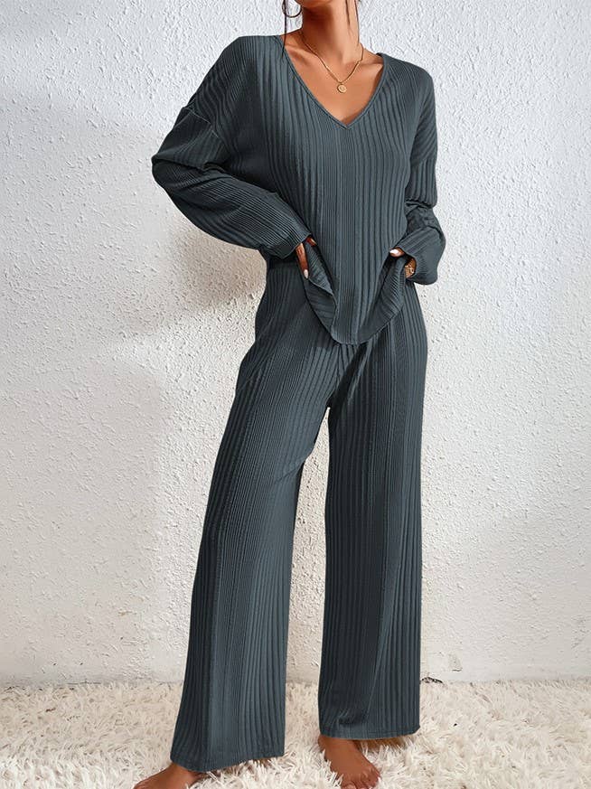 V-Neck Ribbed Top Trousers Loungewear Two-Piece Set: DarkGrey / M